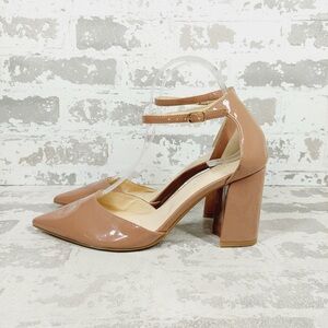 Nine West Nude/Tan Pointed Toe Patent Block Heel Pumps